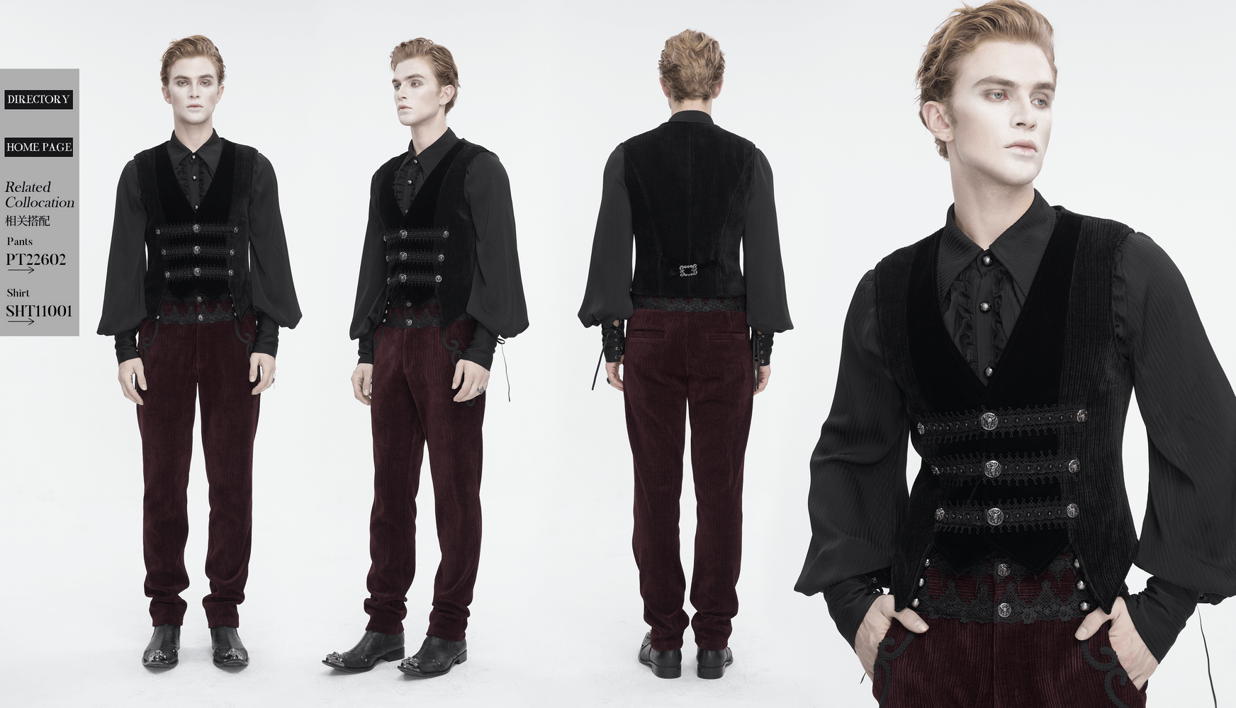 Male gothic velvet waistcoat with lace and buttons, showcasing dark elegance and alternative style.