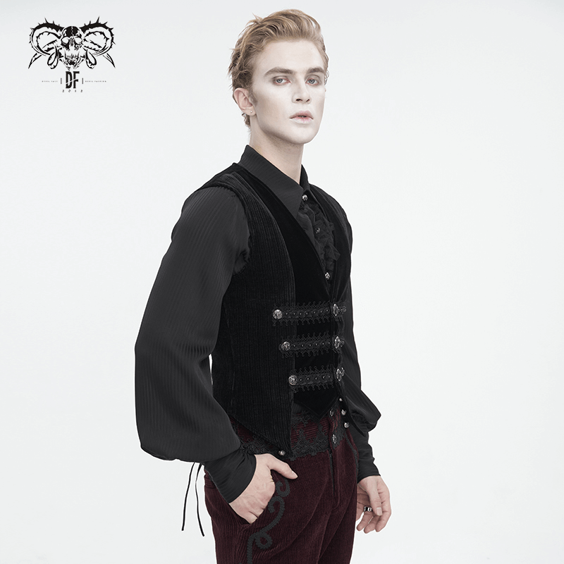 Male model in gothic velvet irregular waistcoat with lace and buttons, embodying dark elegance and alternative fashion.