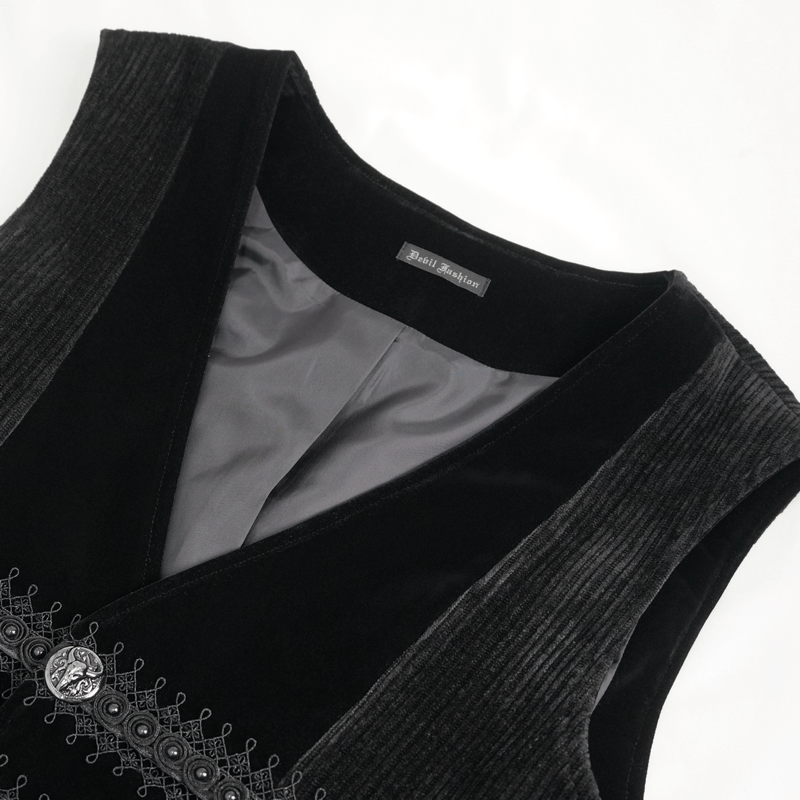 Close-up of a male gothic velvet waistcoat featuring lavish lace and intricate buttons, showcasing dark elegance.