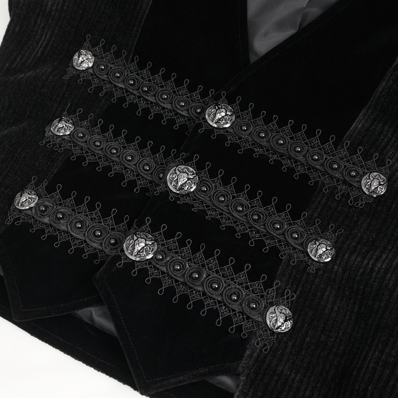 Close-up of male gothic velvet waistcoat featuring intricate lace and ornate buttons, showcasing dark elegance.