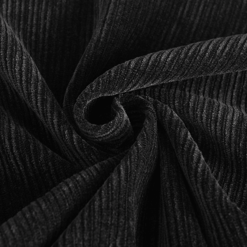 Close-up of luxurious black velvet fabric with textured ribbing, perfect for gothic fashion.