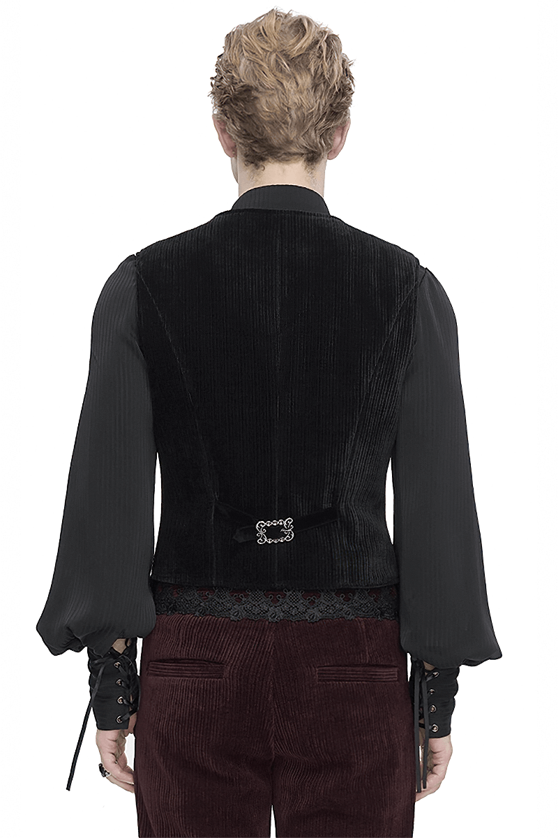 Back view of a male gothic velvet waistcoat showing intricate lace and unique button details.