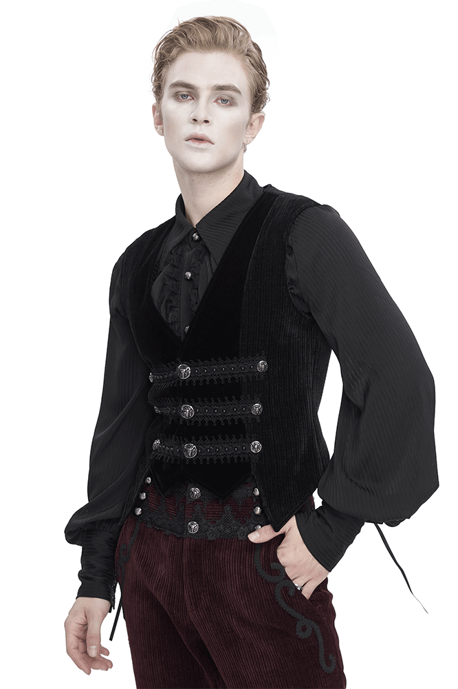 Male Gothic Velvet Irregular Waistcoat with Lace and Buttons