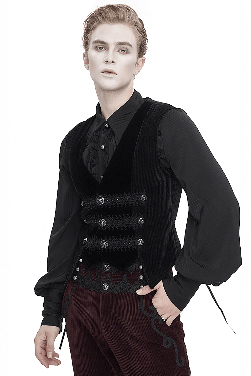 Male model showcasing a gothic velvet waistcoat with lace and button details, exuding dark elegance and alternative style.