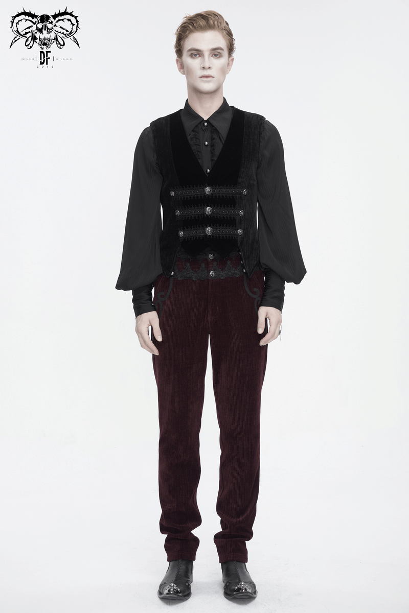 Male model in gothic velvet irregular waistcoat with lace and buttons, showcasing alternative fashion style.
