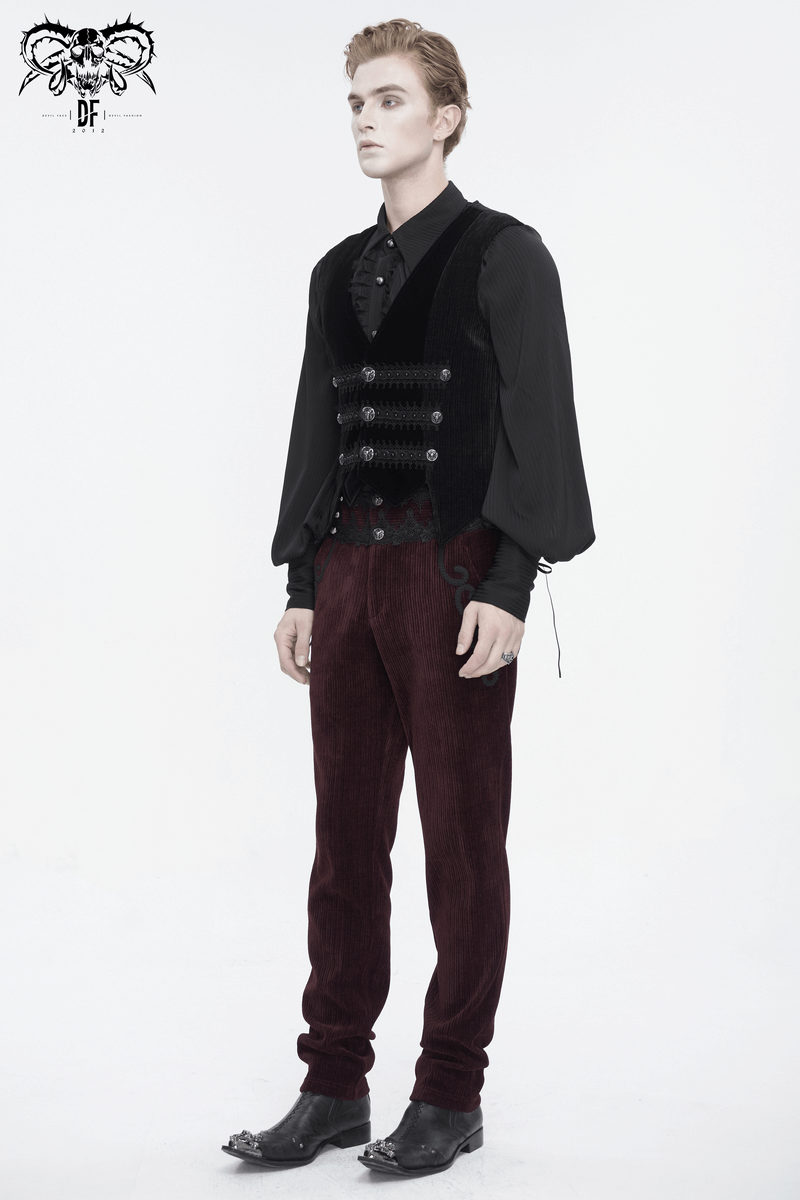 Male model wearing gothic velvet waistcoat with lace and buttons, showcasing dark elegance and alternative style.