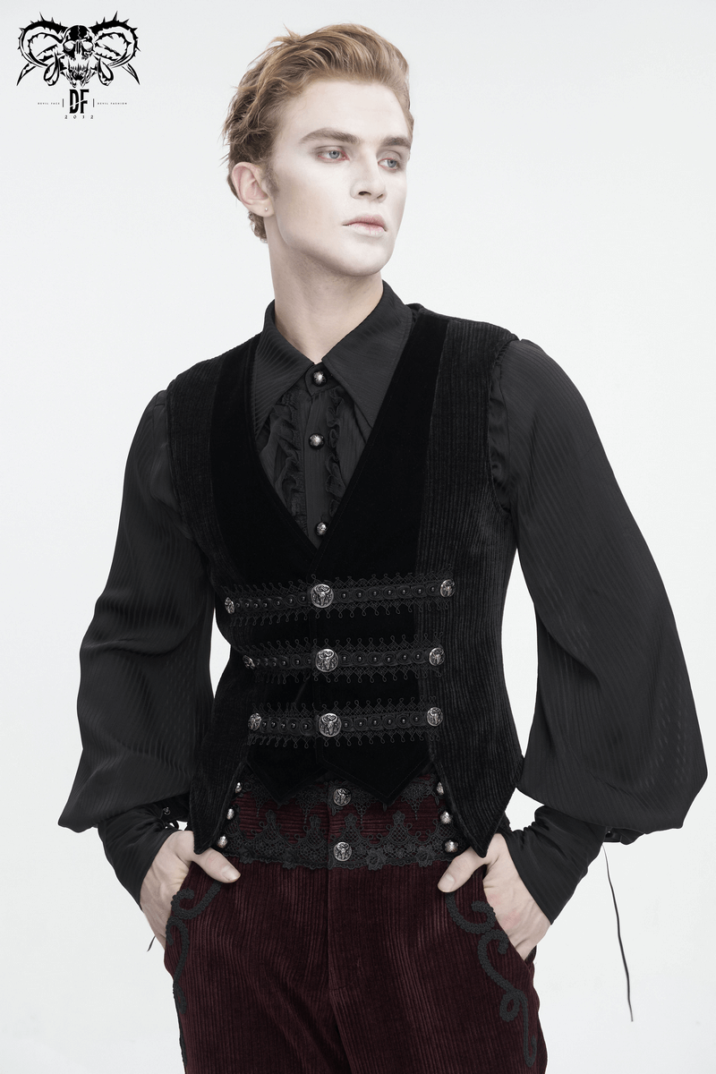 Male Gothic Velvet Irregular Waistcoat with Lace and Buttons - HARD'N'HEAVY