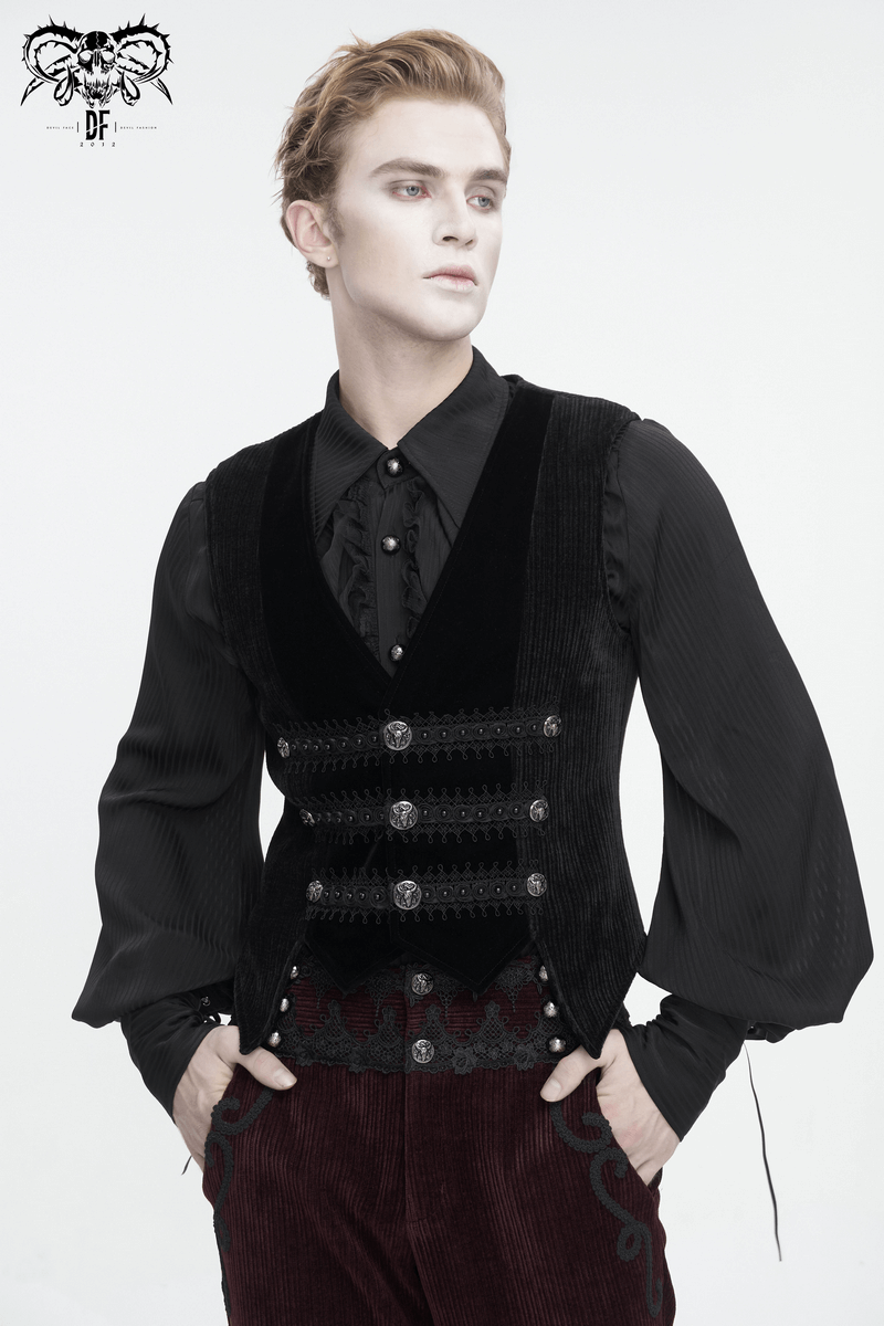 Male gothic velvet waistcoat with lace and buttons, showcasing dark elegance and alternative style.