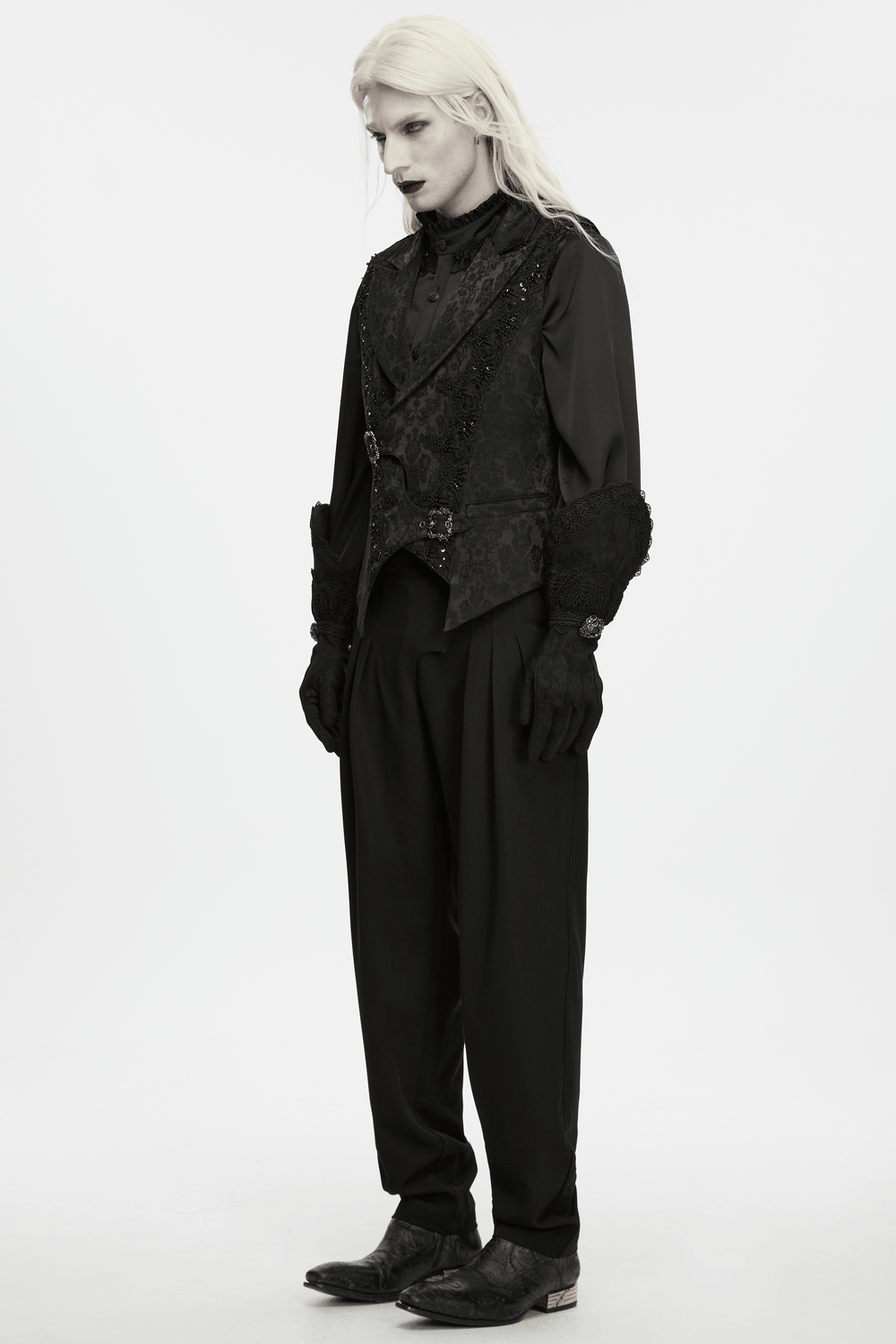 Male Jacquard Waistcoat with Ornate Buckle Fastening gothic black waistcoat with lace trim, shawl collar, and ornate buckles