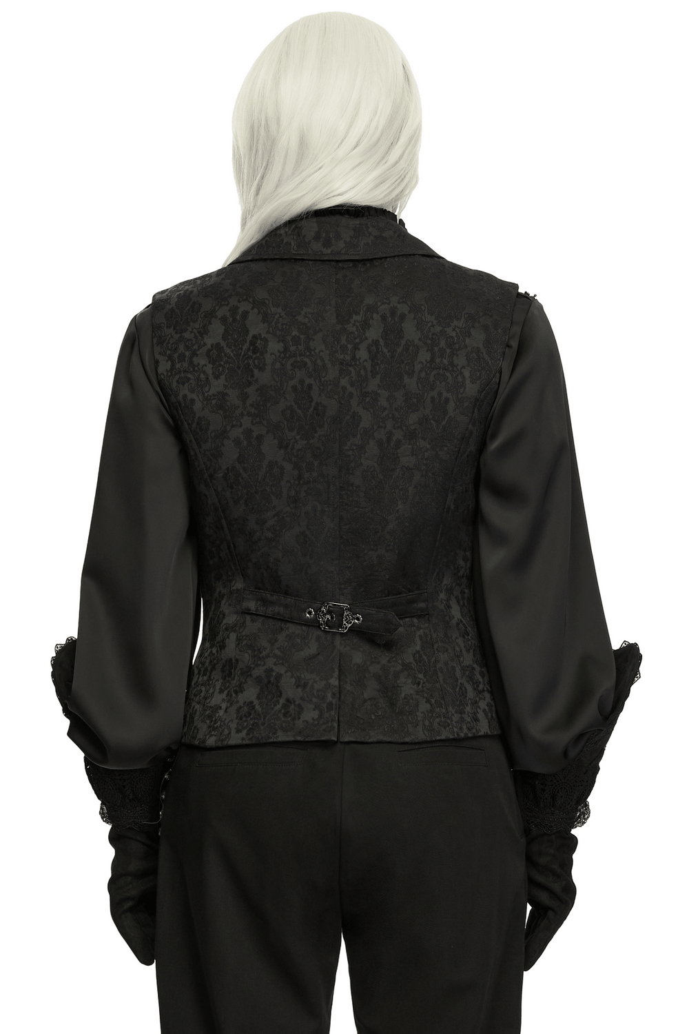 Male Jacquard Waistcoat with Ornate Buckle Fastening black gothic waistcoat with lace trim, wide shawl collar and adjustable back strap