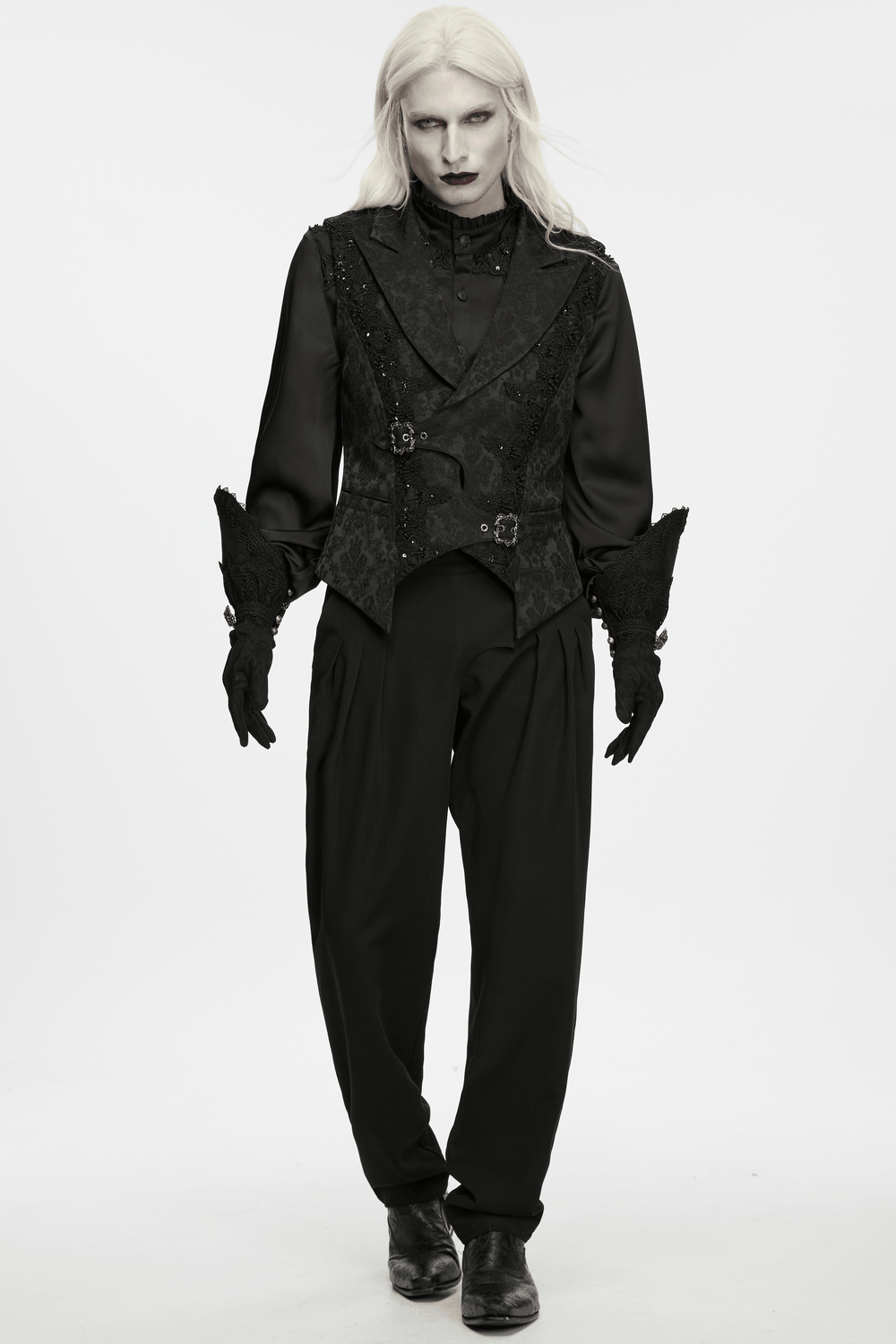 Male Jacquard Waistcoat with Ornate Buckle Fastening, gothic black vest with lace trim and shawl collar