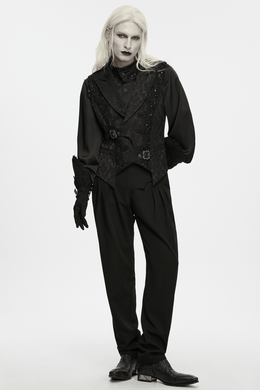 Male Jacquard Waistcoat with Ornate Buckle Fastening, gothic black vest with lace trim and shawl collar