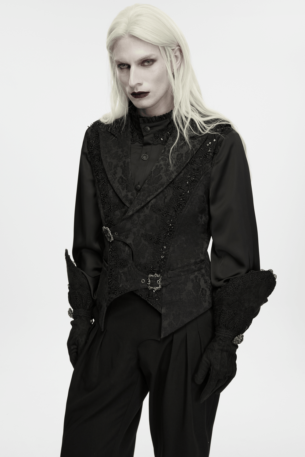 Male Jacquard Waistcoat with Ornate Buckle Fastening gothic black jacquard vest with lace trim and buckle details