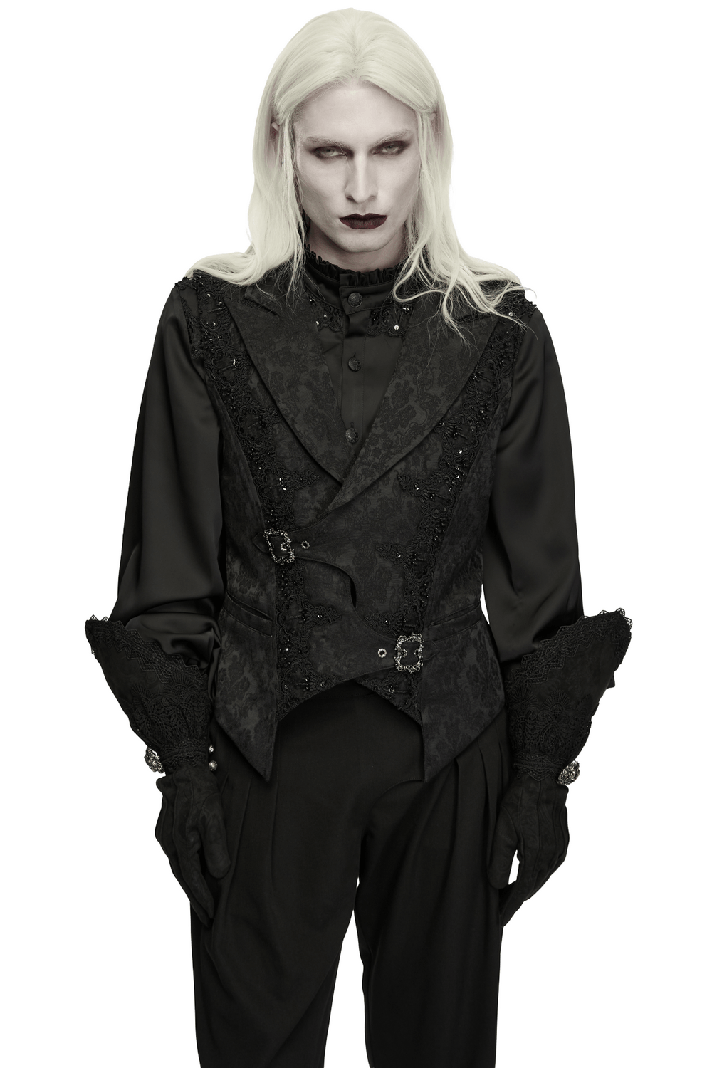 Male Jacquard Waistcoat with Ornate Buckle Fastening, gothic black lace-trim detail and shawl collar