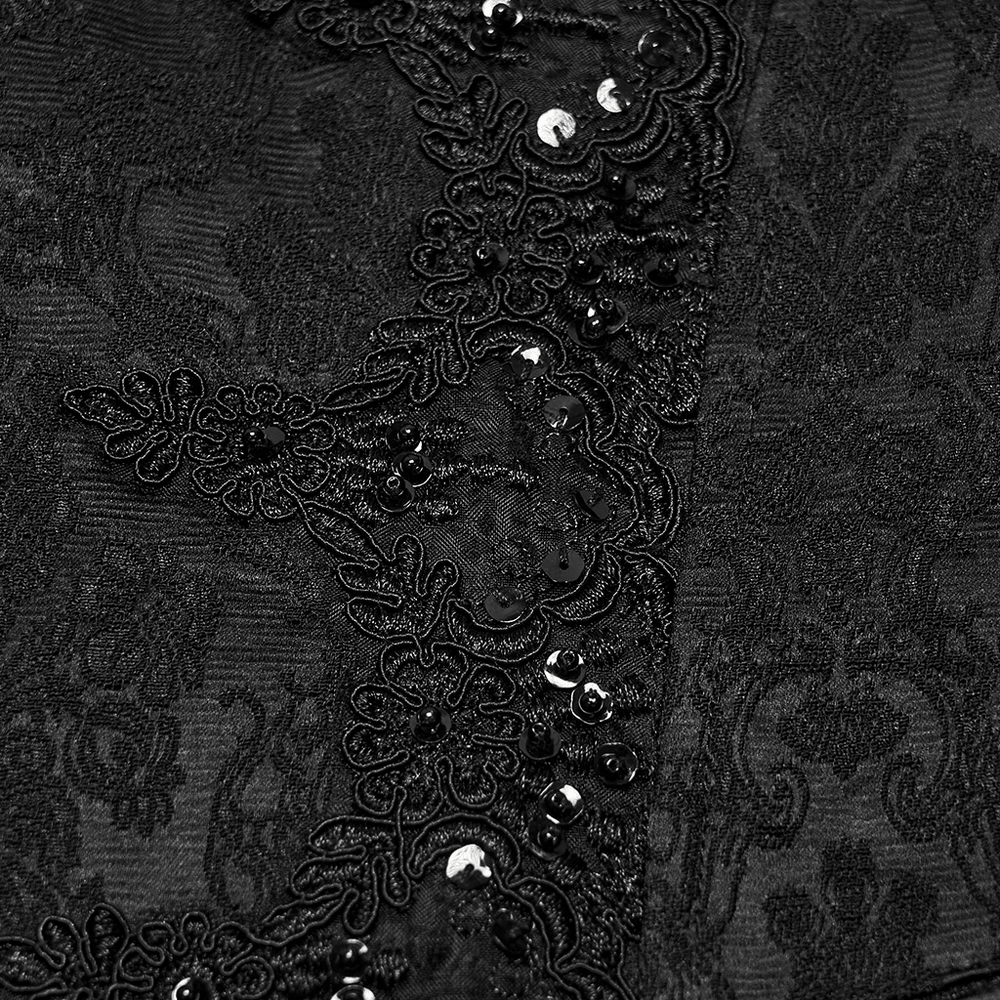 Male Jacquard Waistcoat with Ornate Buckle Fastening, black gothic lace trim and sequined floral motifs