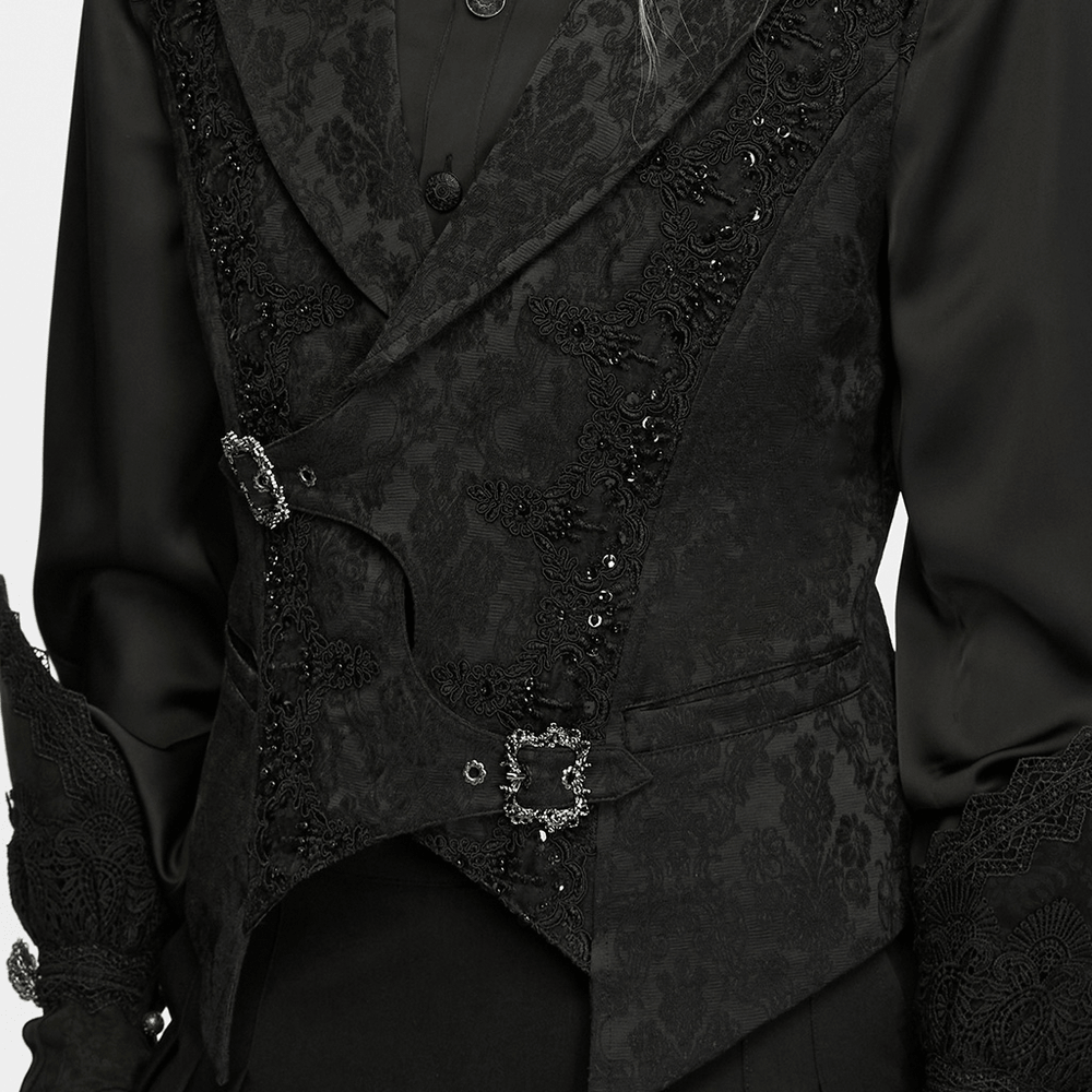 Male Jacquard Waistcoat with Ornate Buckle Fastening gothic black lace trim and metal buckles for a dark aristocratic look