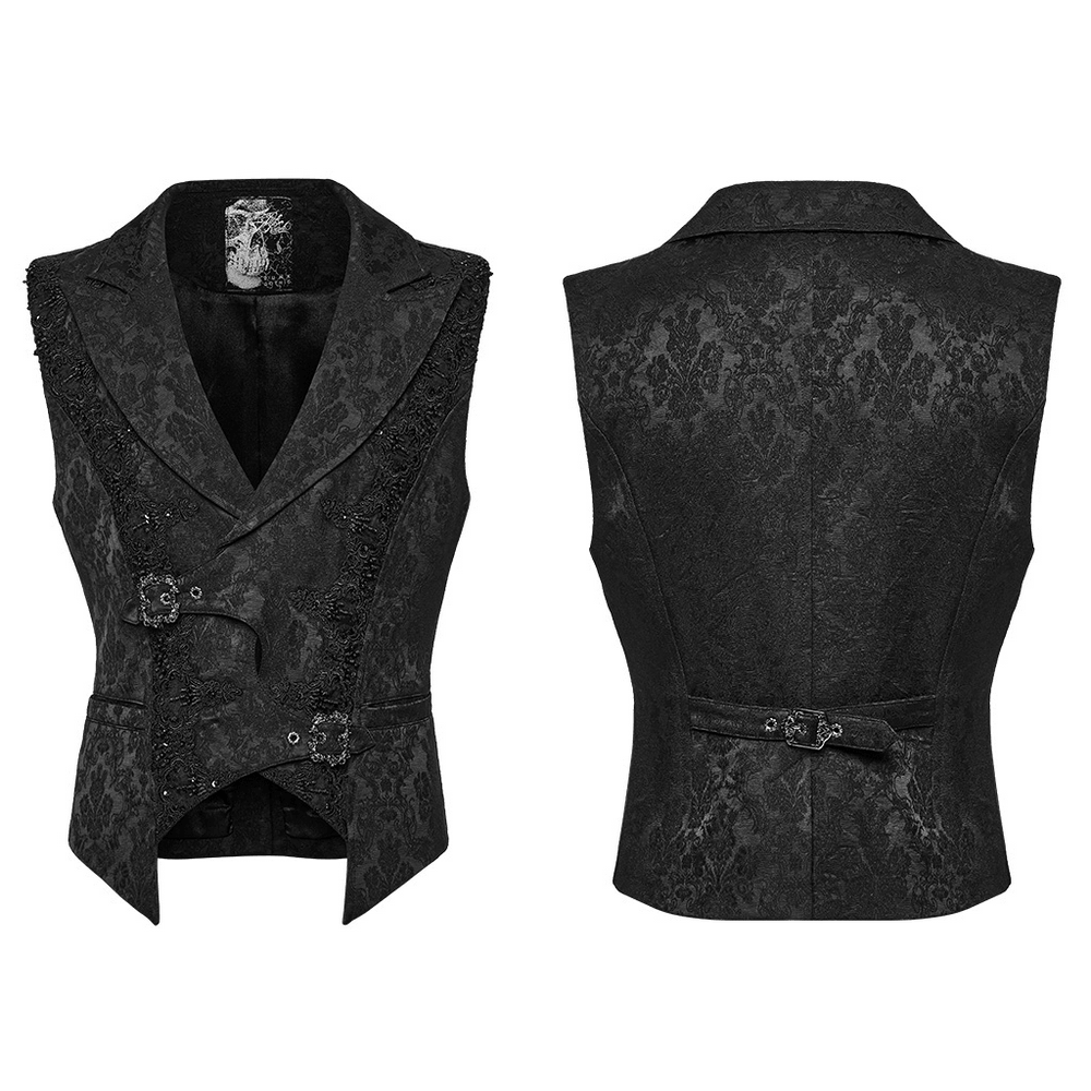 Male Jacquard Waistcoat with Ornate Buckle Fastening black gothic jacquard waistcoat with lace trim, shawl collar and buckle front