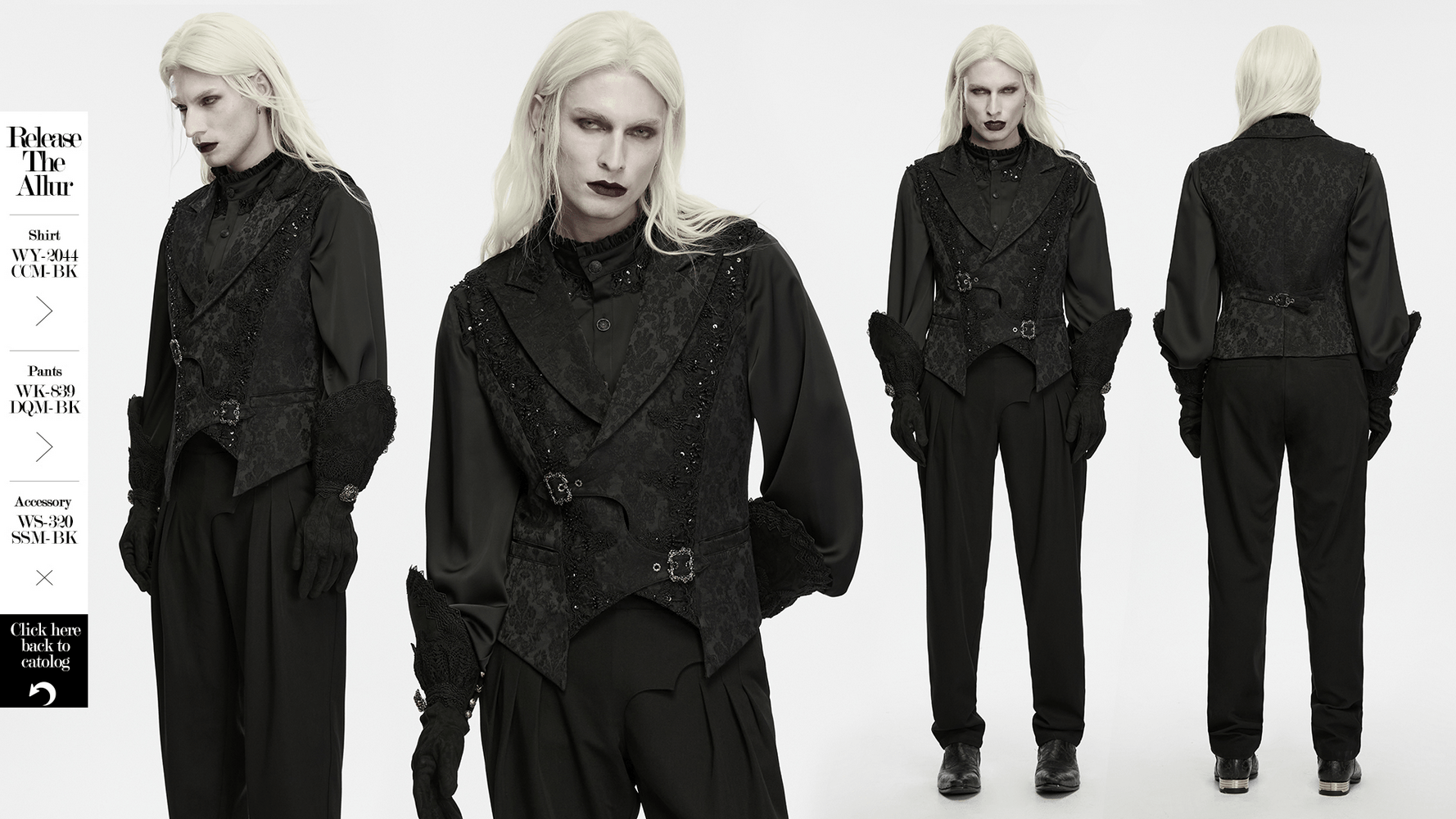 Male Jacquard Waistcoat with Ornate Buckle Fastening black gothic outfit with lace trim and shawl collar