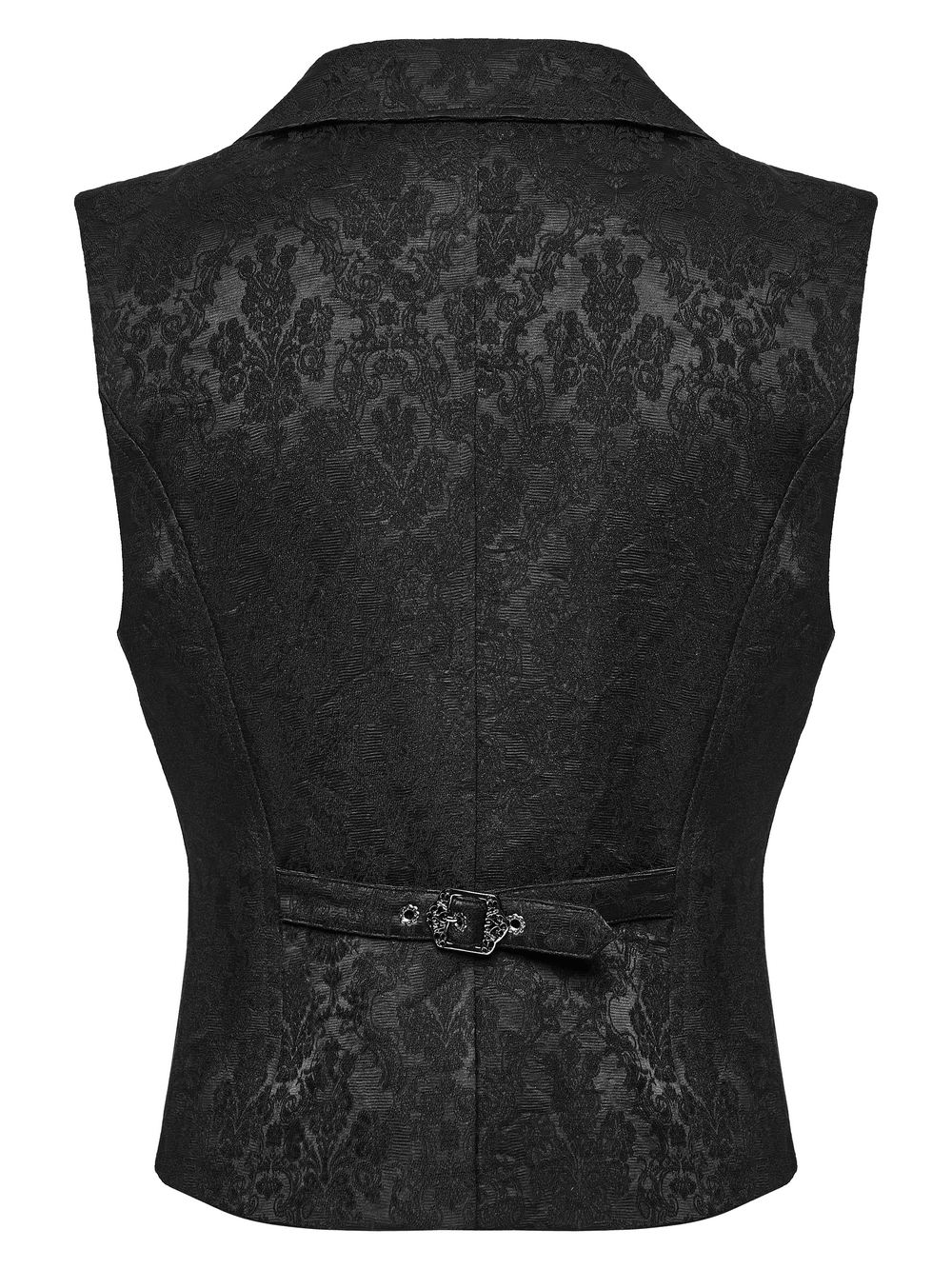 Male Jacquard Waistcoat with Ornate Buckle Fastening black gothic jacquard back view with adjustable strap