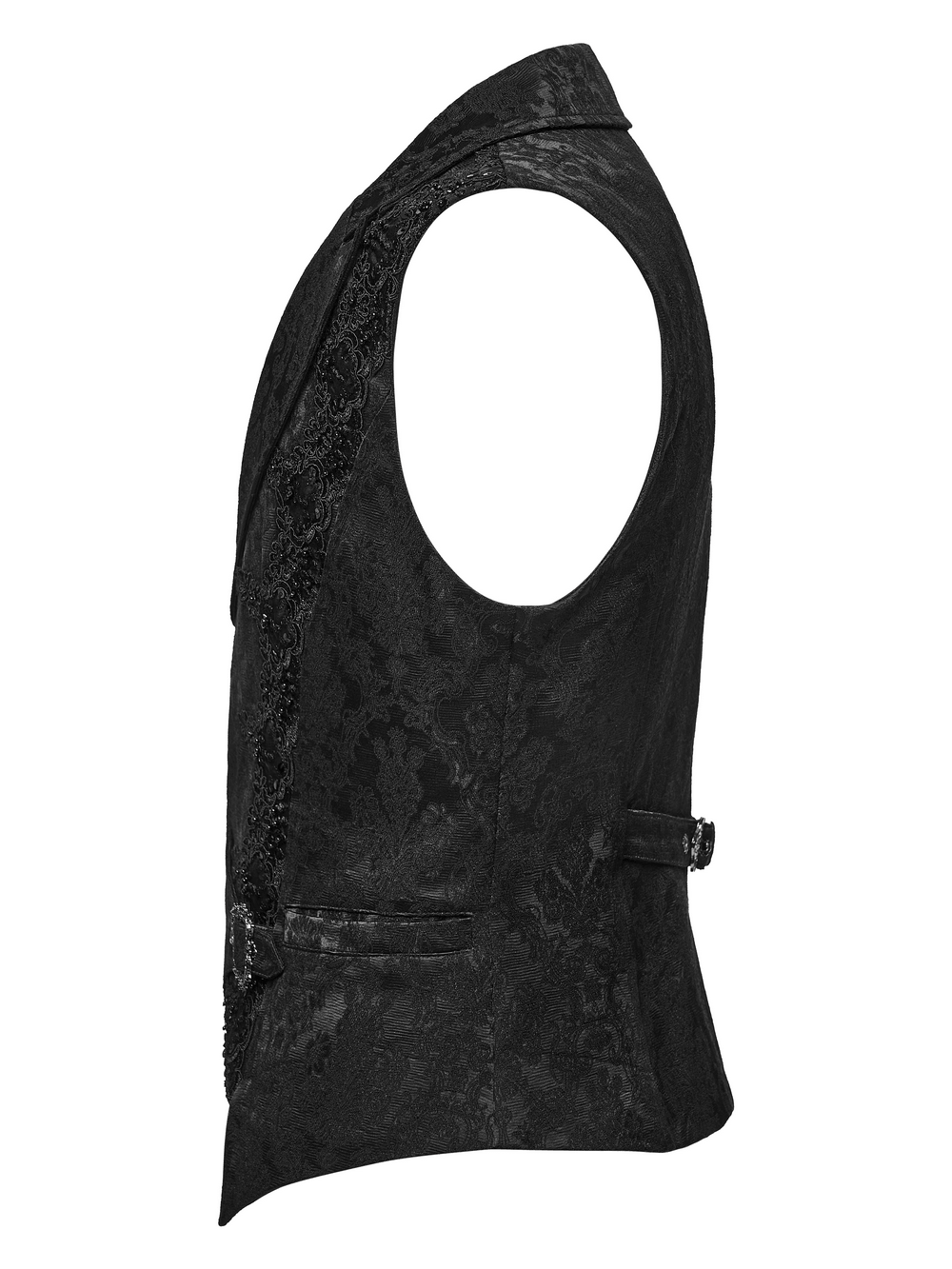 Male Jacquard Waistcoat with Ornate Buckle Fastening, gothic black waistcoat with lace trim and side buckle