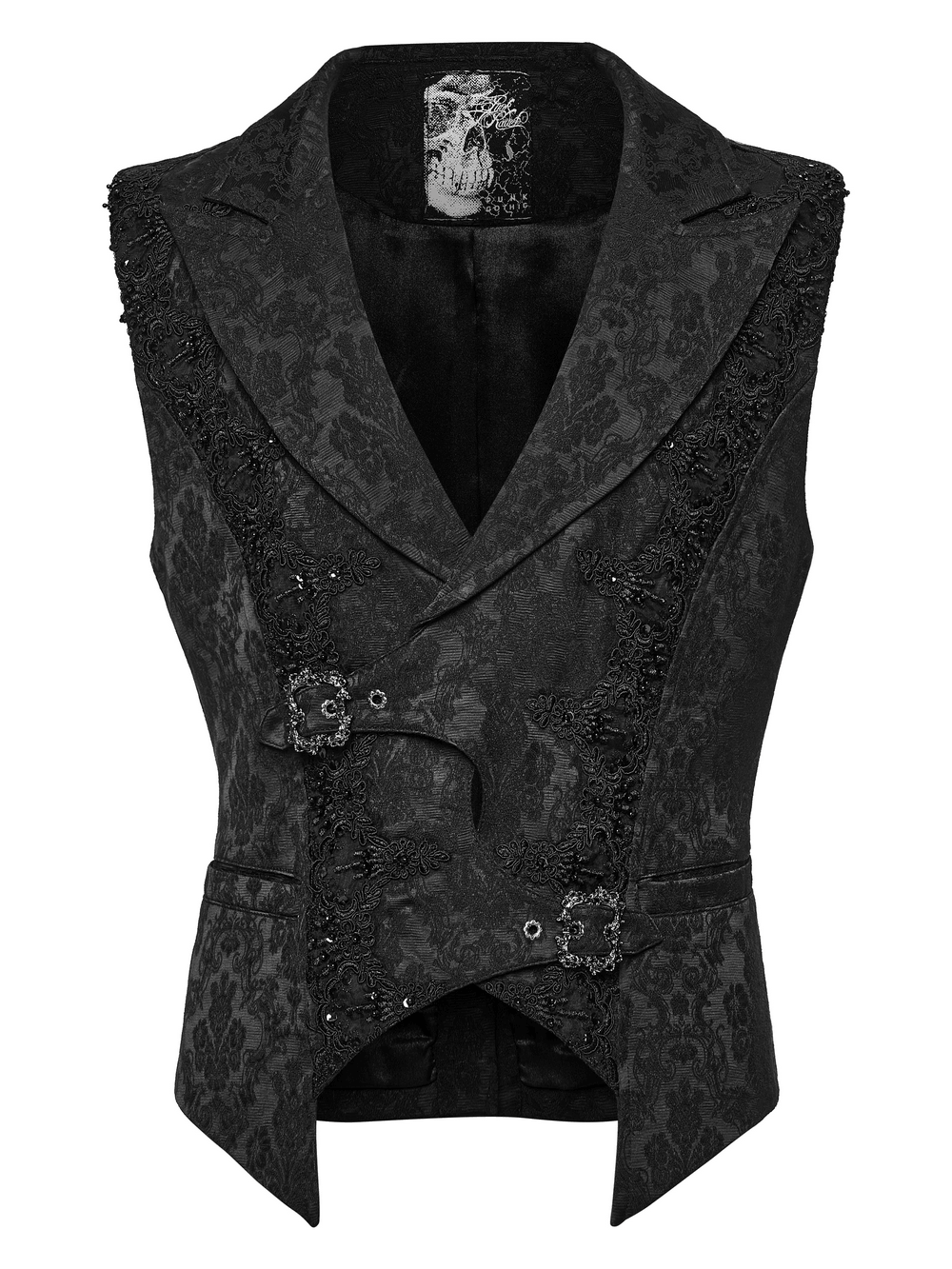 Male Jacquard Waistcoat with Ornate Buckle Fastening gothic black waistcoat with lace trim, wide shawl collar and overlapping placket