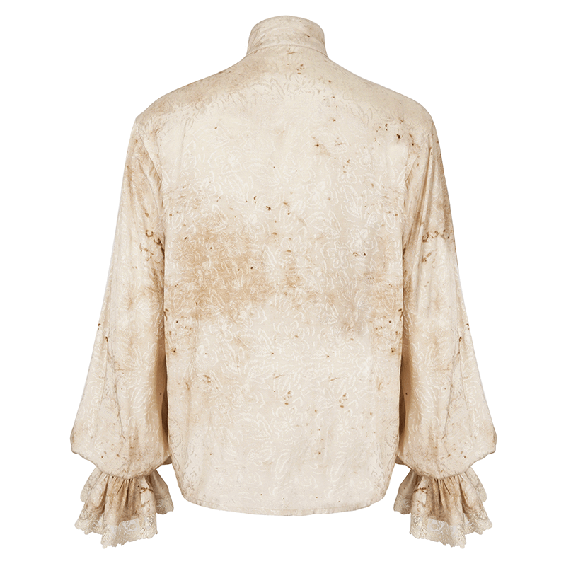 Back view of a men's distressed lantern-sleeved shirt in a vintage cream color with textured fabric details.