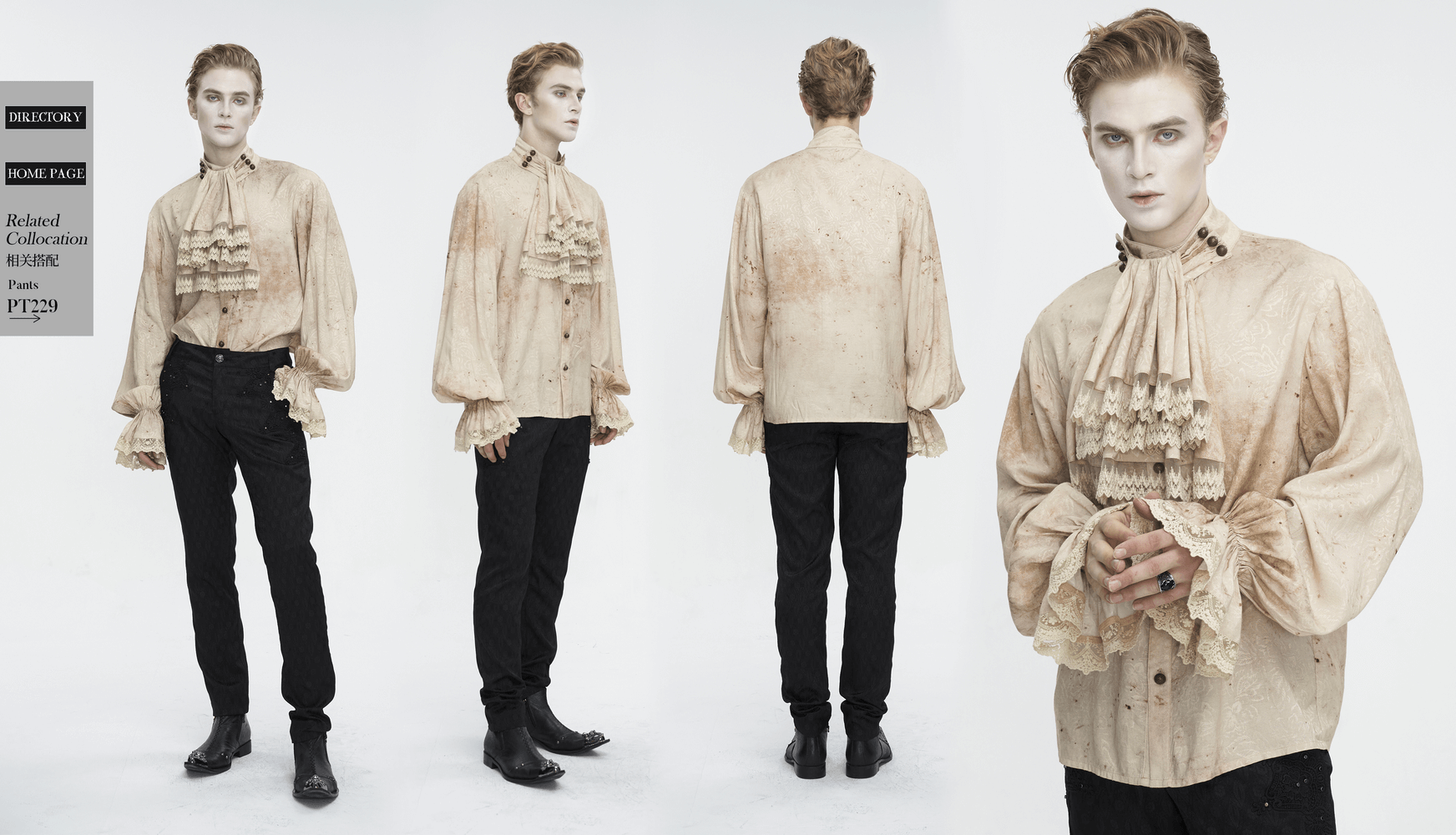 Male model showcases a vintage-inspired, distressed shirt with standout lantern sleeves and necktie.