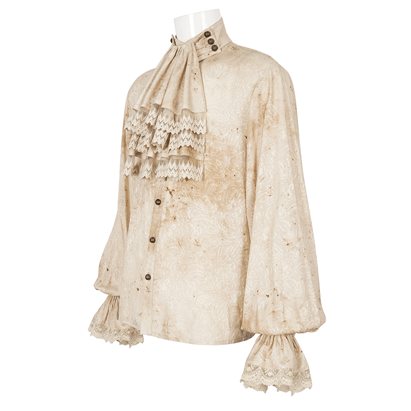 Men's retro lantern-sleeved stand collar distressed shirt with necktie, featuring vintage floral patterns and lace details.