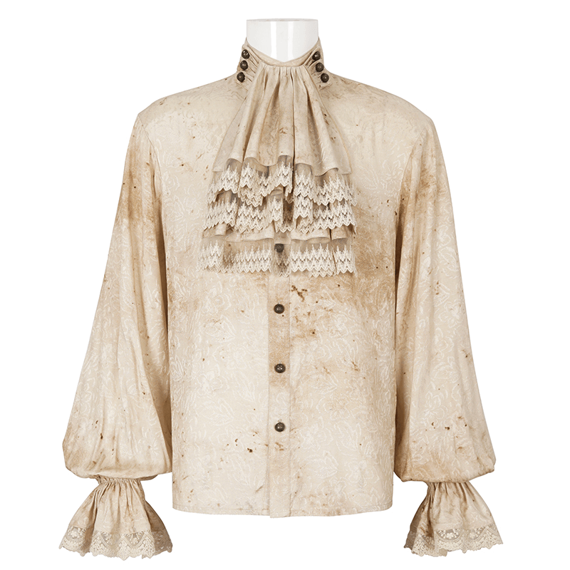 Distressed men's shirt with lantern sleeves and stand collar, featuring lace details and necktie, perfect for retro style.