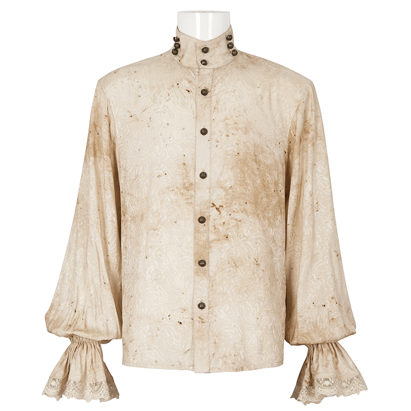 Male retro lantern-sleeved stand collar distressed shirt with necktie in beige.