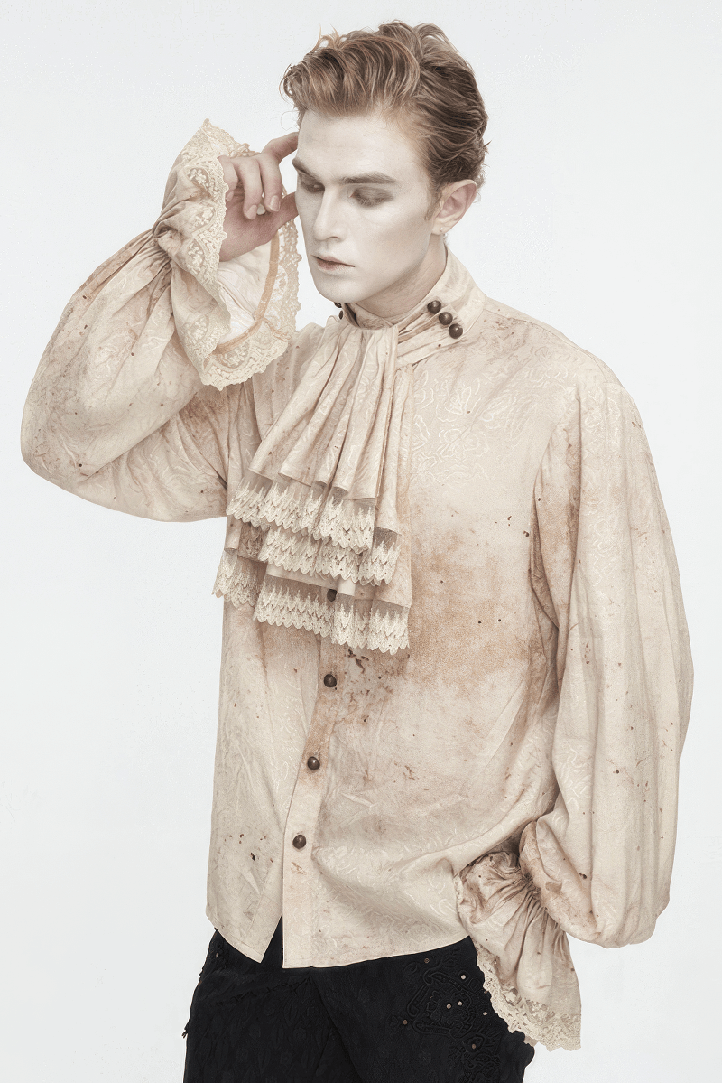 Men's distressed shirt with lantern sleeves and necktie, combining retro style with modern flair.