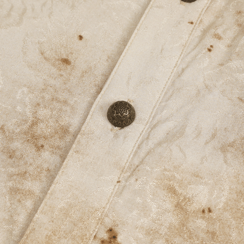 Close-up of the distressed fabric and button detail of a men's retro shirt.