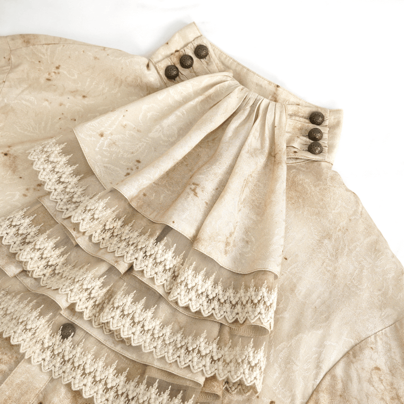 Close-up of a vintage-inspired stand collar shirt featuring intricate lace trim and button details.