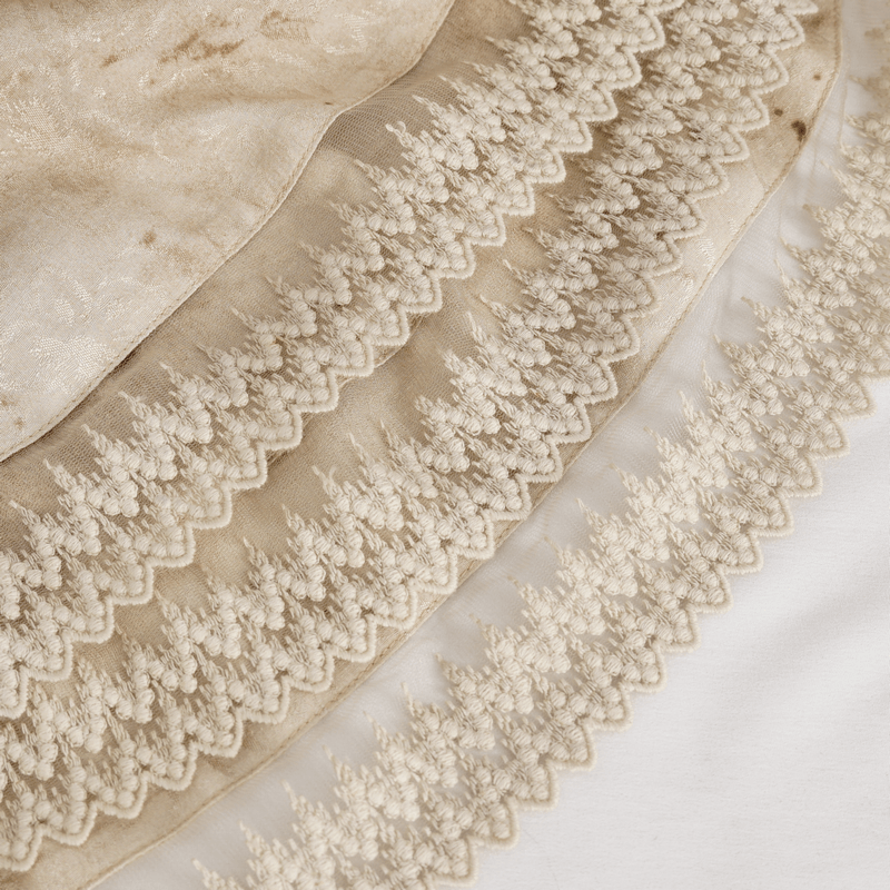 Close-up of intricate lace trim on a vintage fabric, showcasing textured patterns and soft colors.