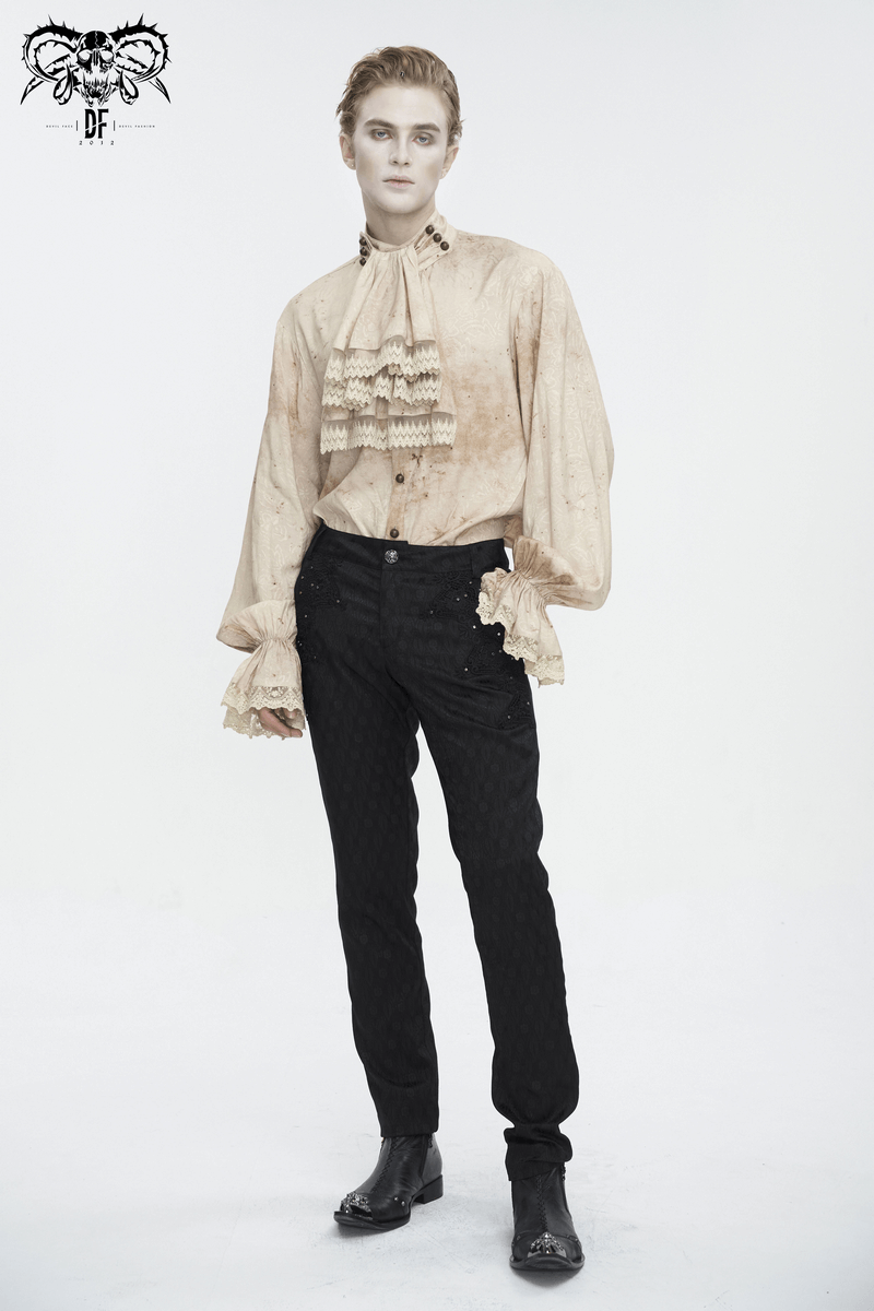 Male model showcasing a retro lantern-sleeved stand collar distressed shirt with necktie and stylish black pants.