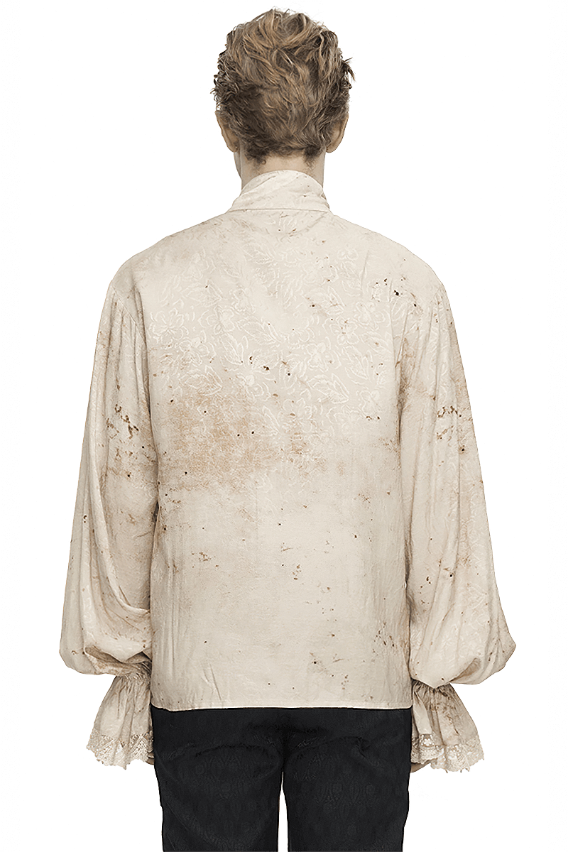 Back view of a men's distressed shirt featuring lantern sleeves and a stand collar, perfect for retro-alternative fashion.