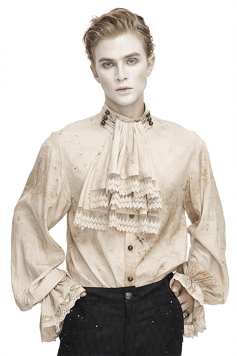 Men's lantern-sleeved distressed shirt with necktie, showcasing vintage flair and modern style.