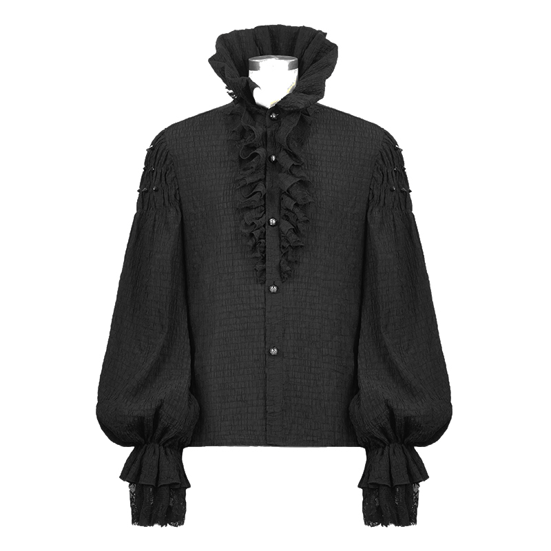 Male Long Sleeve & Stand Collar Shirt in Gothic Style / Vintage Black Blouses for Men - HARD'N'HEAVY