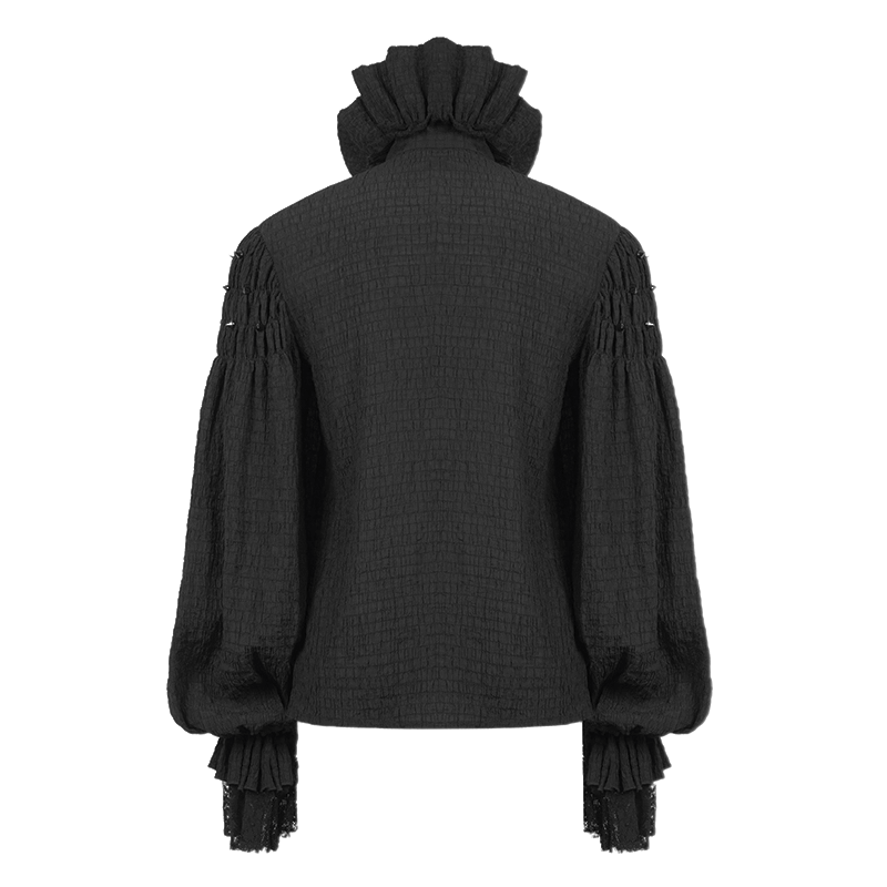 Back view of a men's gothic black long sleeve shirt with ruffles and vintage style.