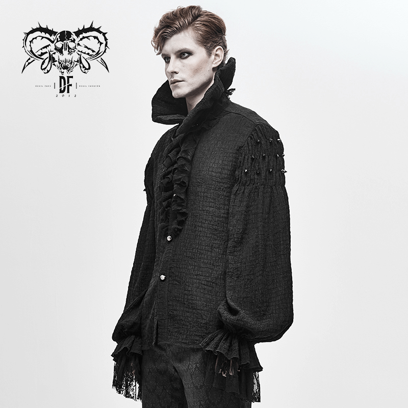 Stylish male model wearing a gothic-inspired black long sleeve shirt with ruffles and a stand collar.