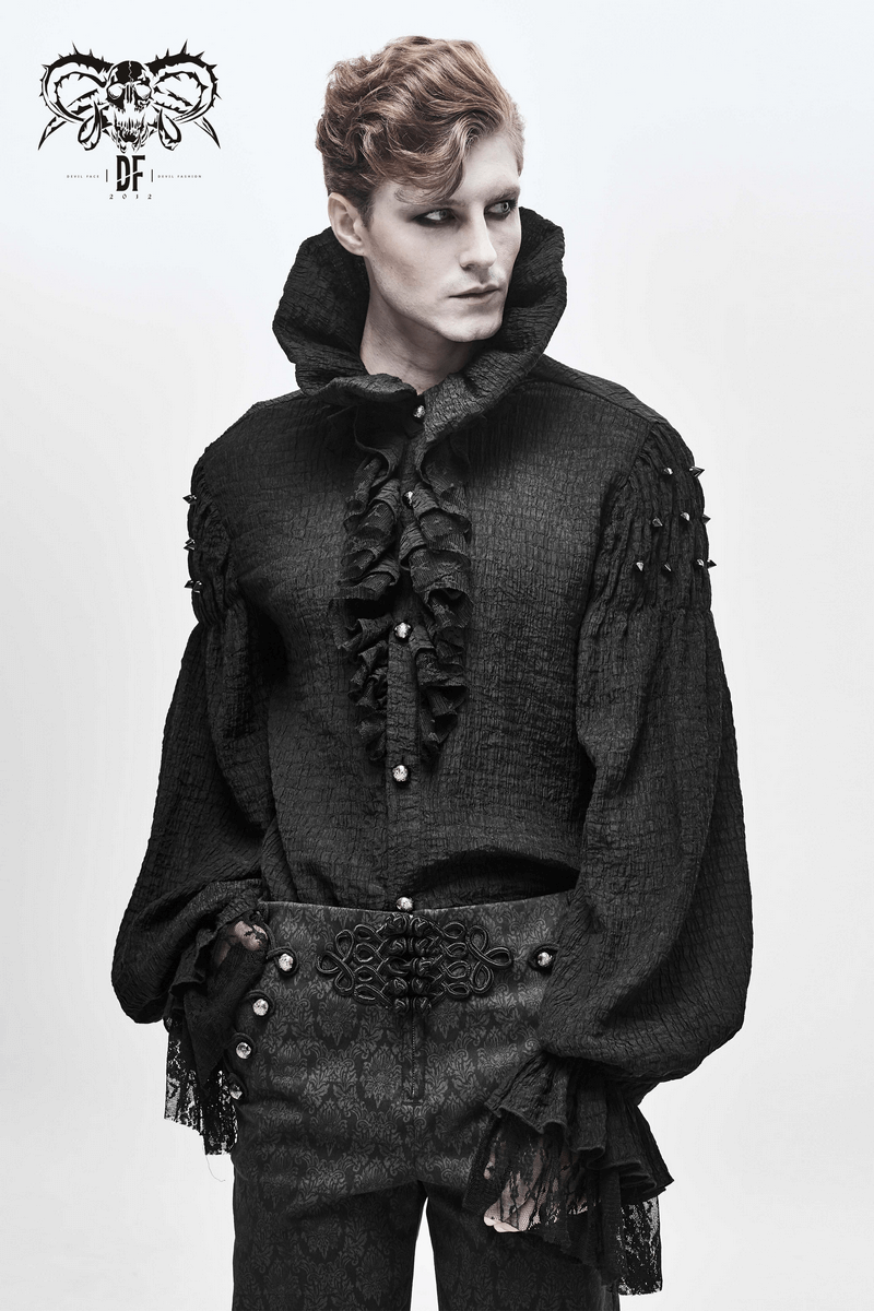 Men's gothic style black long sleeve shirt with ruffles, perfect for vintage-inspired wardrobe.