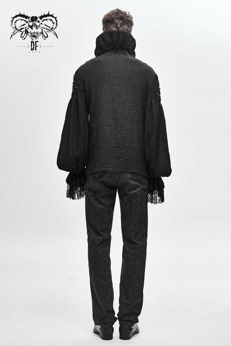 Back view of a men's gothic vintage black long sleeve shirt with ruffles and stylish black pants.