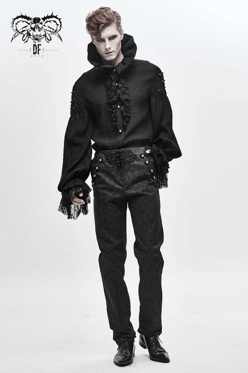 Gothic style men's long sleeve black shirt with ruffles and vintage cut, paired with elegant black trousers.