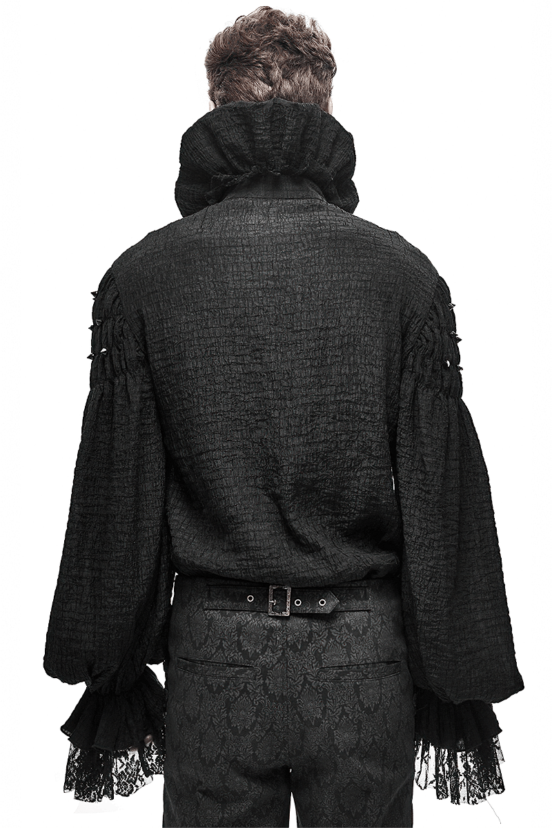 Back view of a men's gothic vintage black long sleeve shirt with a stand collar and ruffled sleeves.