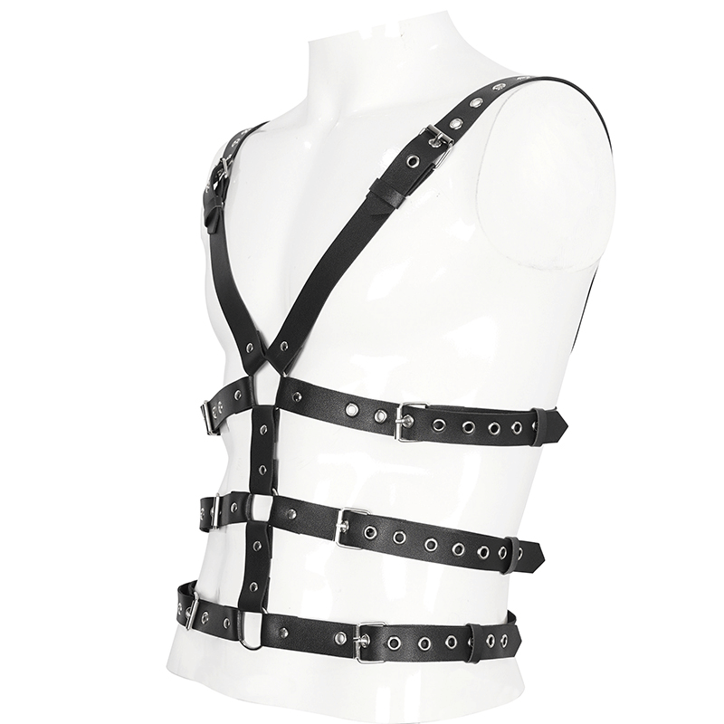 Male multi-buckle PU leather body harness in punk style on a mannequin, showcasing bold and edgy design.