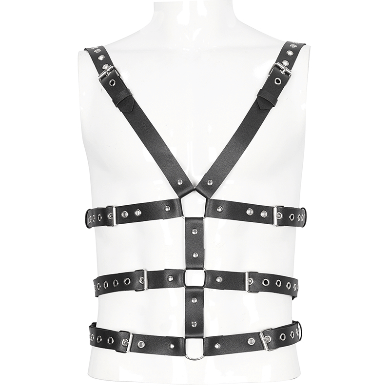 Male multi-buckle PU leather body harness showcasing punk style with edgy details and bold design.