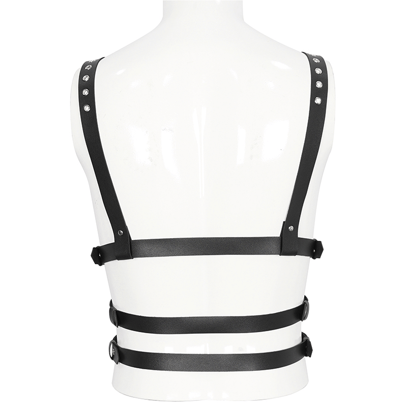 Back view of a male multi-buckle PU leather body harness showcasing punk style elegance.