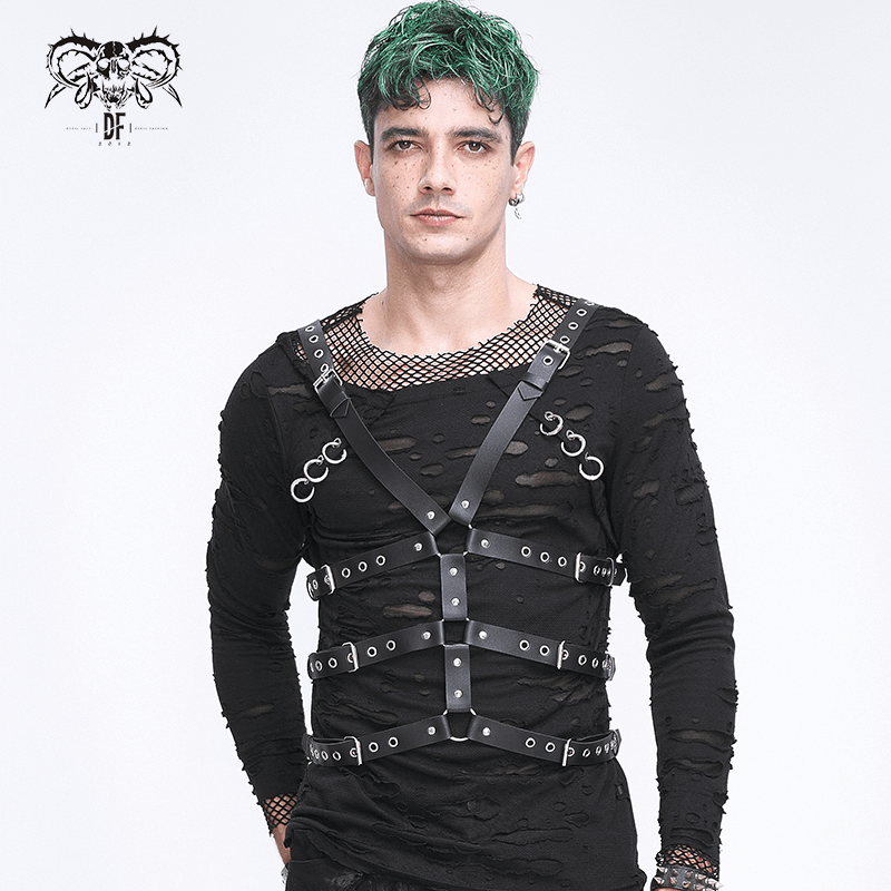 Stylish male model showcasing a punk multi-buckle PU leather body harness for a bold fashion statement.
