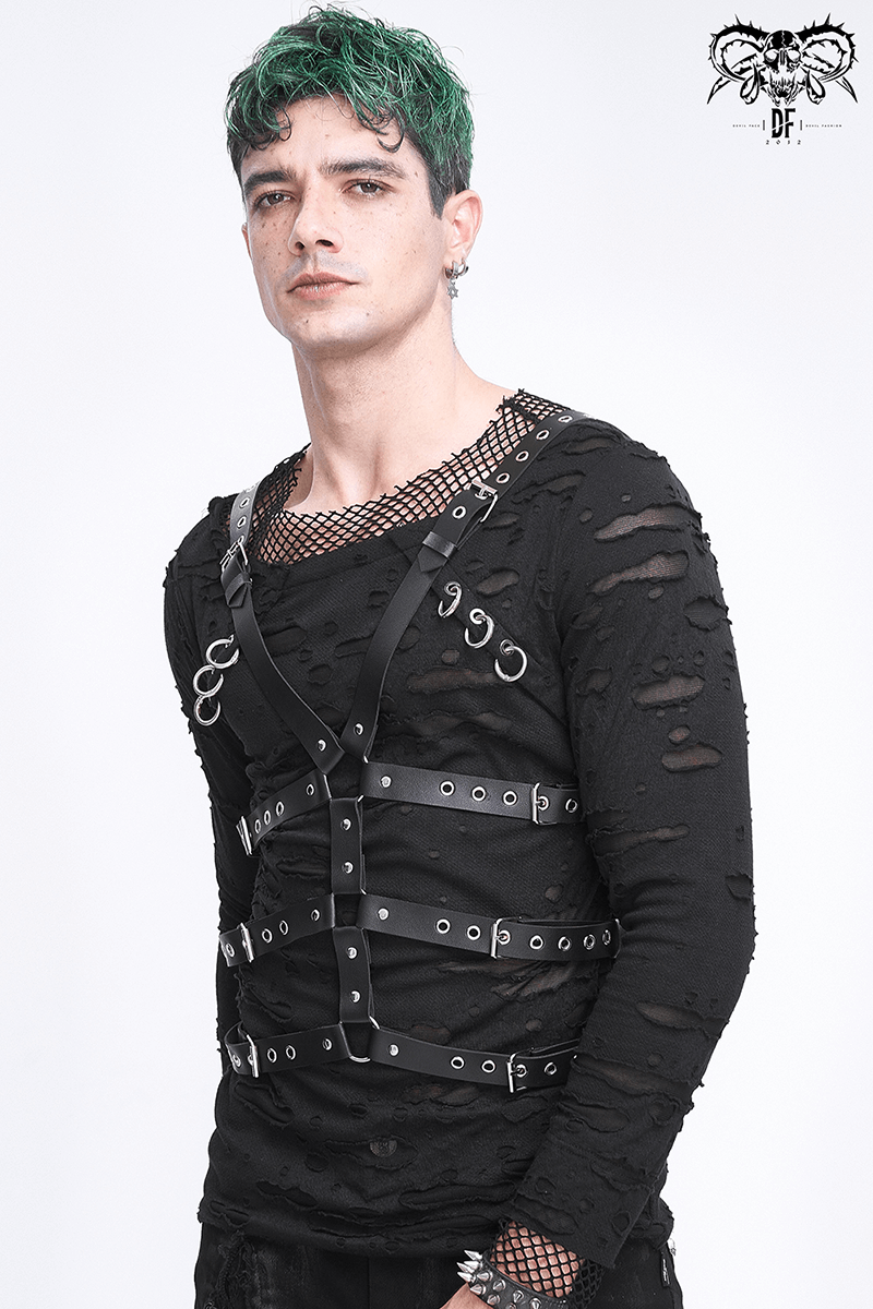 Male model showcasing a punk-style multi-buckle PU leather body harness, embodying edgy fashion and rebellion.