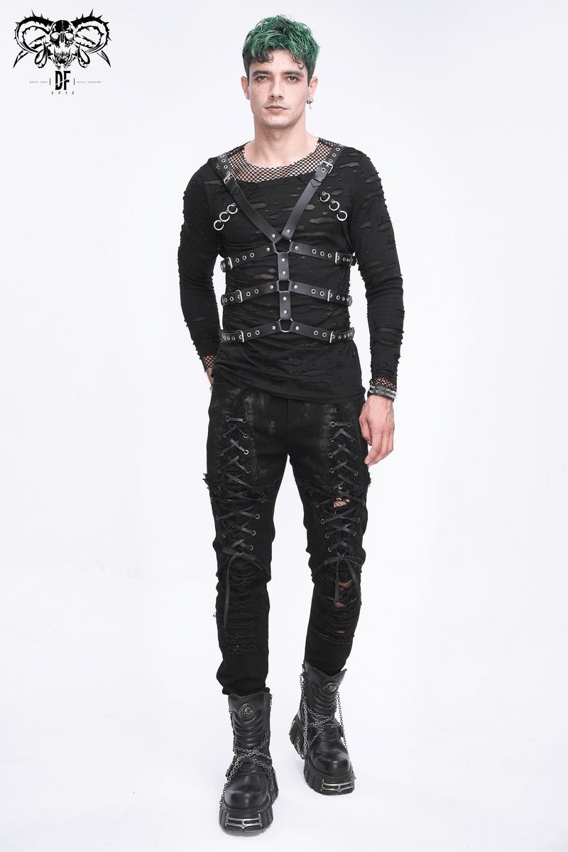 Male model showcasing a punk-style multi-buckle PU leather body harness, paired with edgy black outfit.